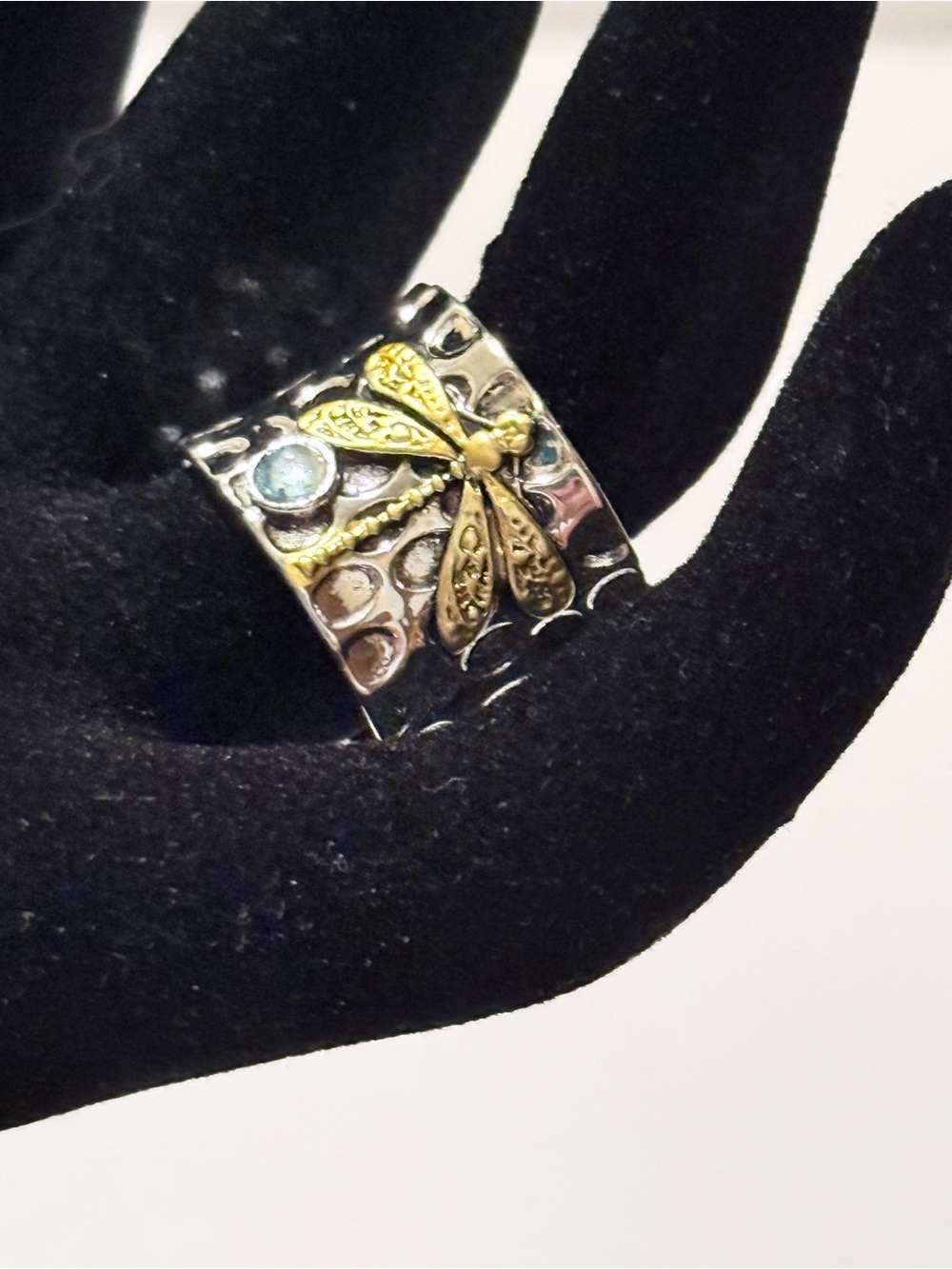 Gold Dragonfly Silver Band Ring with Blue Stone-Size: 7, 9, 10, 11